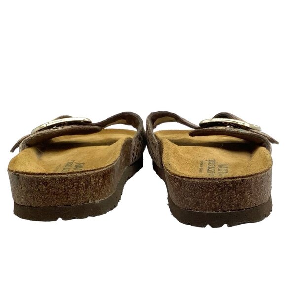 NAOT Maryland Gold Big Buckle Slide Sandals 39 8 Golden Floral Leather One Strap - Picture 10 of 12
